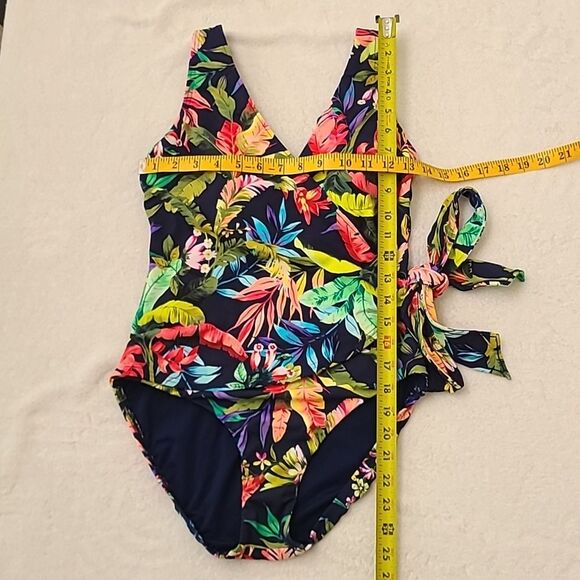 Lands' End NWT Tropical Floral Side Tie Wrap One Piece Swimsuit 8 Blue Multi - Picture 3 of 6